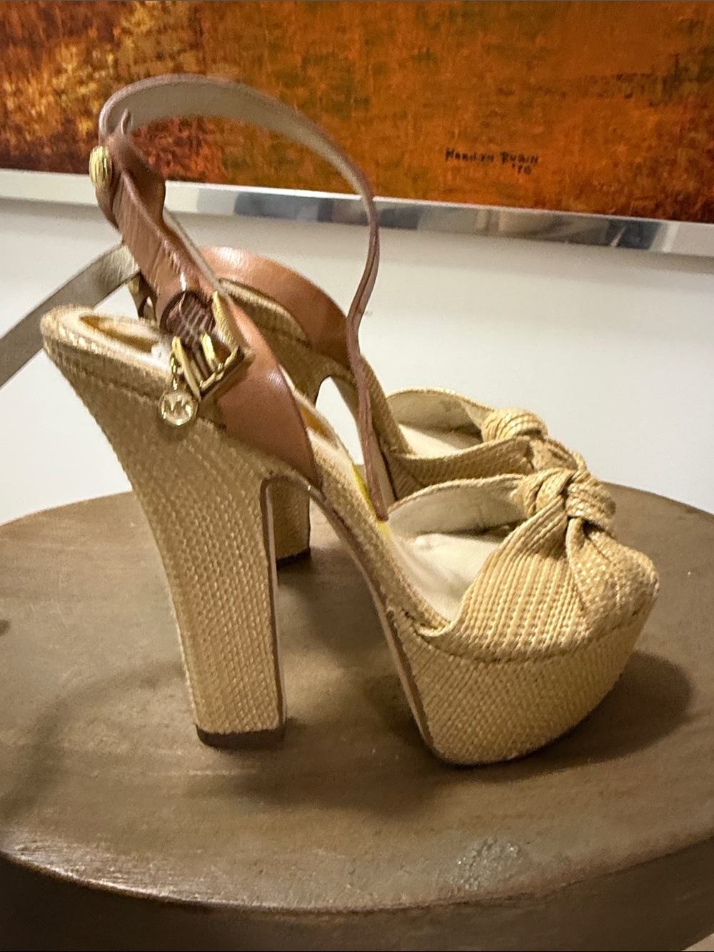 Michael Kors Beige Woven Platform Sandals with Gold MK Charm